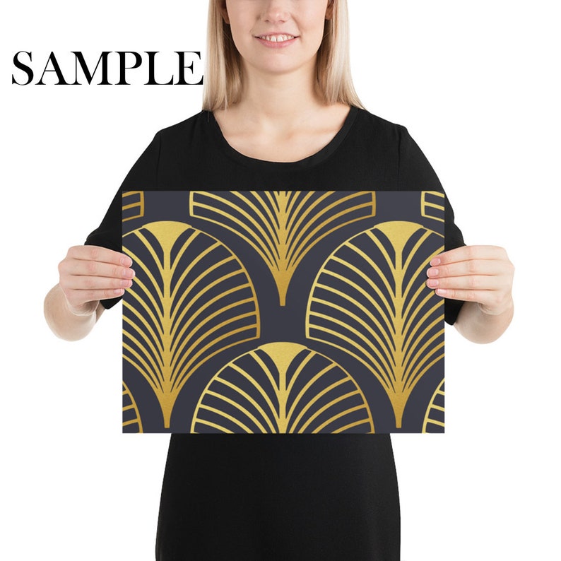 May include: A black and gold art print with a geometric pattern of overlapping fan shapes. The print features a repeating design of gold fans on a black background.