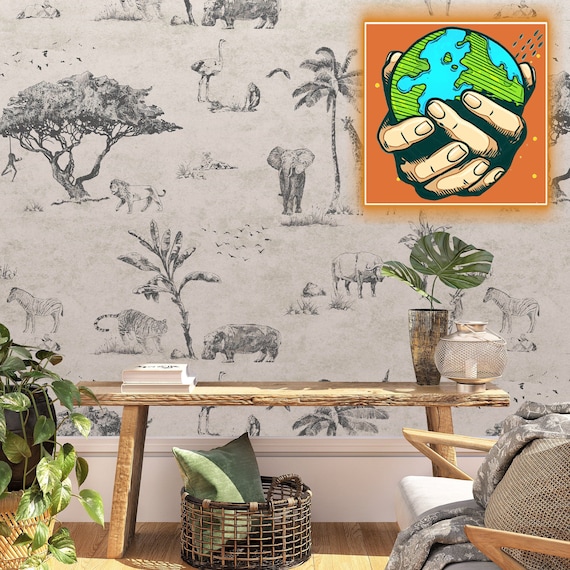 Safari Wallpaper with Wild Animal, African Forest Wall Mural, Exotic Animals Wall Art, Tiger and Elephant Wallpaper