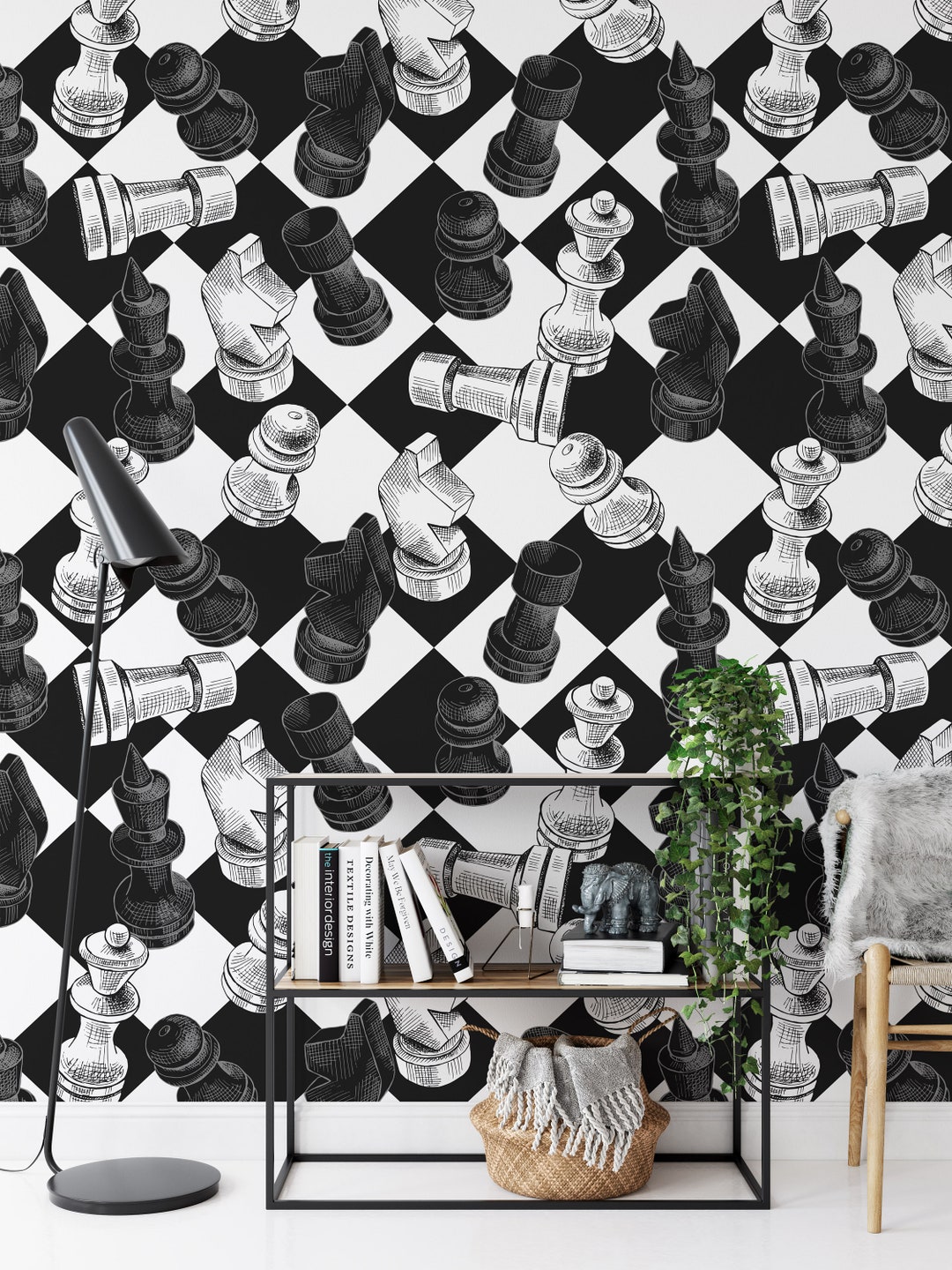Chess Pieces Chessboard Wallpaper Black and White Antique - Etsy