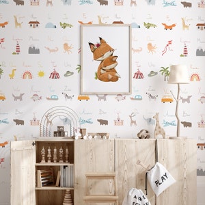 Papel tapiz con alfabeto de colores escandinavos para habitación de niños, letras a mano, dibujos de animales, habitación de bebé