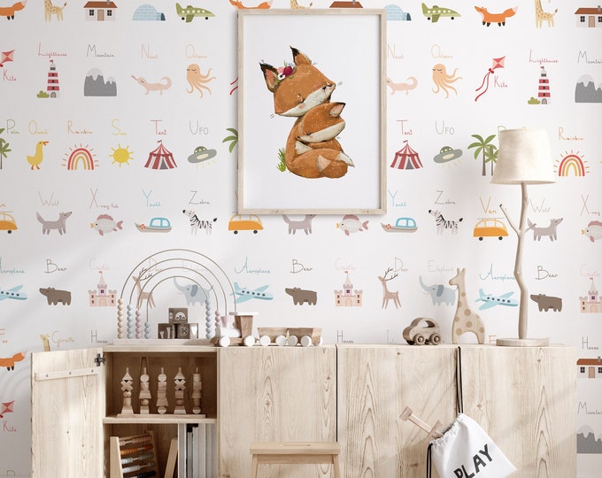 Scandinavian Color Alphabet Wallpaper for Kids Room, Letter Hand, Drawing Animals, Room Nursery