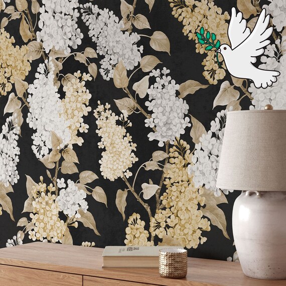 Elegant Wisteria Wallpaper - Yellow and White Blooms on a Black Background