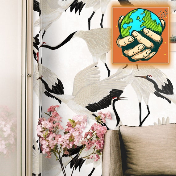 White Heron Print Wallpaper, Asian Birds Wall art, Vintage Crane Removable Chinoiserie Wallpapering