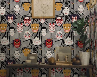 Japanese Mask Wallpaper - Kabuki & Oni Faces with Bamboo Background, Bold Asian Wall Art for Home Decor