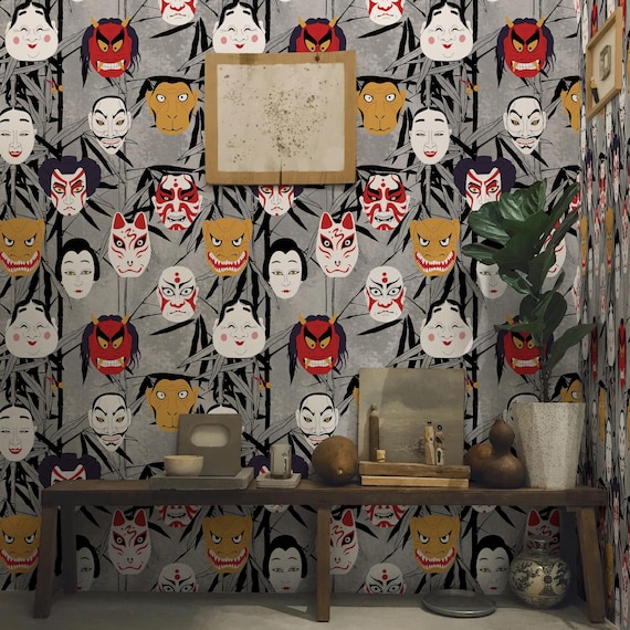 Japanese Mask Wallpaper - Kabuki & Oni Faces with Bamboo Background, Bold Asian Wall Art for Home Decor