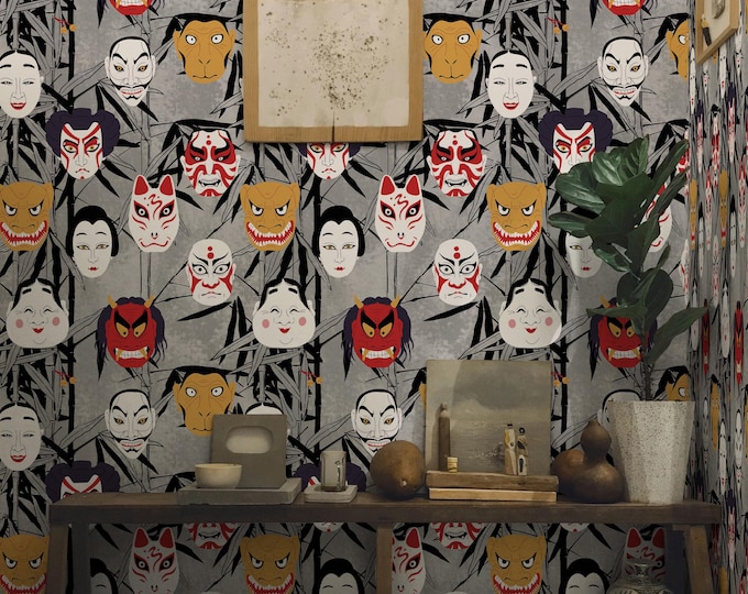 Japanese Mask Wallpaper - Kabuki & Oni Faces with Bamboo Background, Bold Asian Wall Art for Home Decor