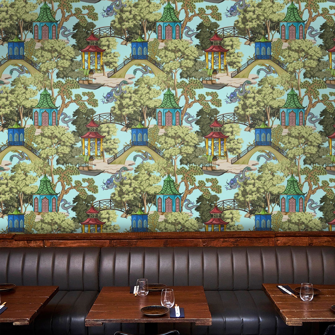 Scenic Chinoiserie Pagoda Wallpaper, Antique Asian Wall Decor, Pagoda