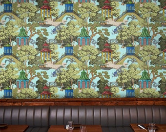 Scenic Chinoiserie Pagoda Wallpaper, Antique Asian Wall Decor, Pagoda Stairs Wall Art