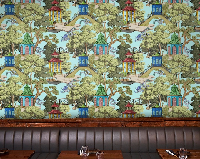 Scenic Chinoiserie Pagoda Wallpaper, Antique Asian Wall Decor, Pagoda Stairs Wall Art