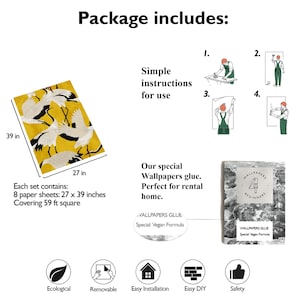 May include: Wallpaper set with a yellow background and a crane design. The set includes 8 paper sheets, each measuring 27 x 39 inches. The package also includes wallpaper glue and simple instructions for use.