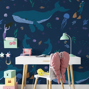 Mermaids Wallpaper with Whales, Diving Beauties Wall Art in Navy Blue, Underwater Wall Decor,