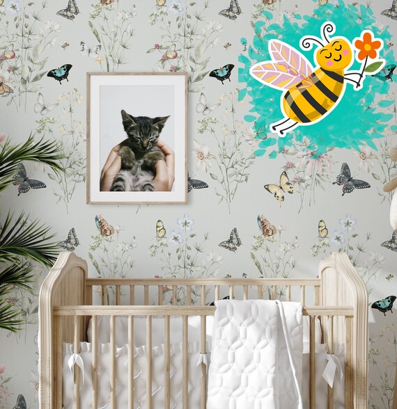 Baby Bedroom Butterfly Wallpaper, Delicate Colors Butterflies Floral Print, Nursery Decor Spring Field WildFlowers