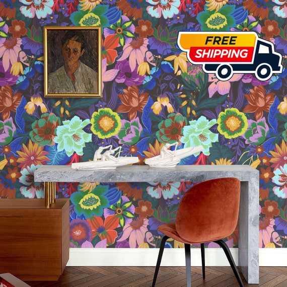 Dark Scandinavian Funky Floral Wallpaper, Colorful Floral temporary wall art, Whimsical Indie room decor