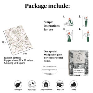Puede incluir: Un conjunto de papel tapiz autoadhesivo con un patr&oacute;n floral blanco y verde. El papel tapiz mide 68,6 cm por 99,1 cm y cubre 5,5 metros cuadrados. El paquete incluye instrucciones simples de uso, pegamento vegano especial y una gu&iacute;a para principiantes. El papel tapiz es ecol&oacute;gico, extra&iacute;ble, f&aacute;cil de instalar, f&aacute;cil de hacer t&uacute; mismo y seguro.