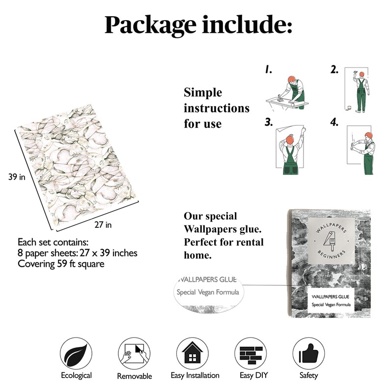 Puede incluir: Un conjunto de papel tapiz autoadhesivo con un patr&oacute;n floral blanco y verde. El papel tapiz mide 68,6 cm por 99,1 cm y cubre 5,5 metros cuadrados. El paquete incluye instrucciones simples de uso, pegamento vegano especial y una gu&iacute;a para principiantes. El papel tapiz es ecol&oacute;gico, extra&iacute;ble, f&aacute;cil de instalar, f&aacute;cil de hacer t&uacute; mismo y seguro.
