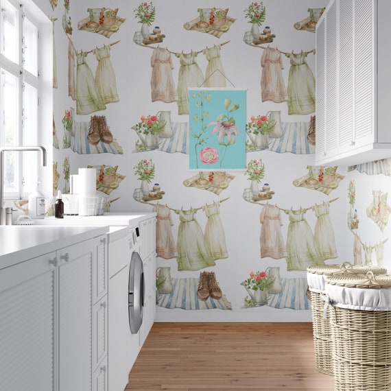 Girls Dress Laundry Wallpaper, Watercolor Wall Art Ideas Country Decor, Colorful Clothes on Washing Line