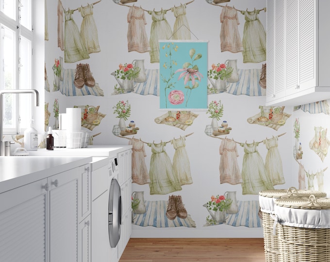 Girls Dress Laundry Wallpaper, Watercolor Wall Art Ideas Country Decor, Colorful Clothes on Washing Line