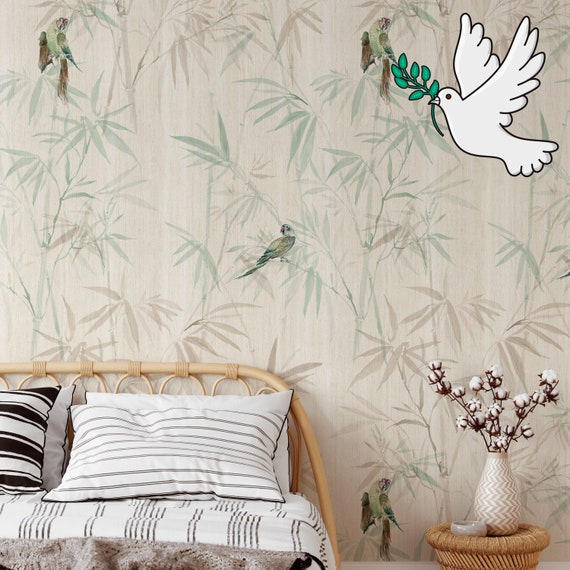 Bamboo Forest Chinoiserie Wallpaper, Asian Decor with Parrots, Japanese wall art, Japandi Oriental Wall Decor