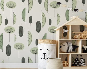 Green Leaves Abstract Wallpaper | Pastel Nursery Wallpaper for Kids | Forest Wall Decor | Simple Wall Decoration
