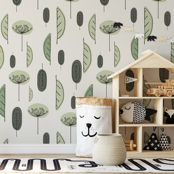 Green Leaves Abstract Wallpaper | Pastel Nursery Wallpaper for Kids | Forest Wall Decor | Simple Wall Decoration