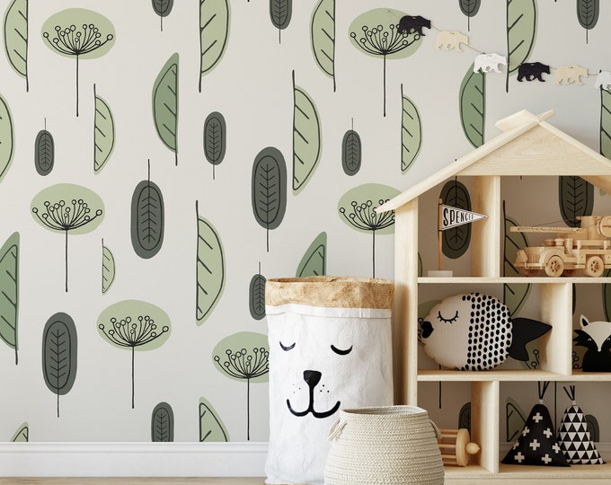 Green Leaves Abstract Wallpaper | Pastel Nursery Wallpaper for Kids | Forest Wall Decor | Simple Wall Decoration