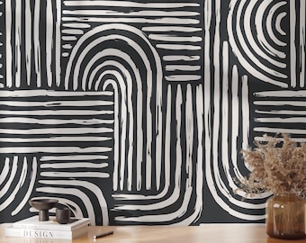 Black and White Abstract Wallpaper, Modern Wallpaper, Geometric Stripes Wall Mural