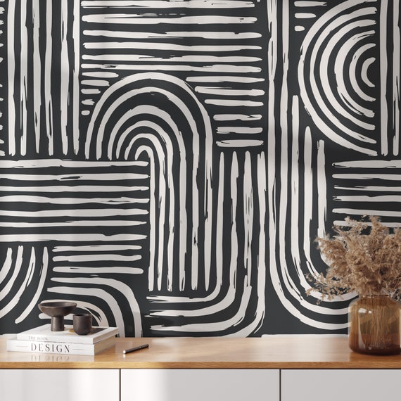 Black and White Abstract Wallpaper, Modern Wallpaper, Geometric Stripes Wall Mural