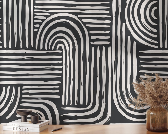 Black and White Abstract Wallpaper, Bold Graphic Lines, Modern Geometric Wall Decor, Paper Wallpaper in Pre-Cut Sheets