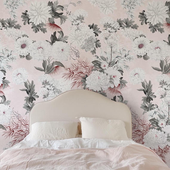 Romantic Blush Floral Wallpaper | Vintage Botanical Design with Large Peonies & Chrysanthemums for Soft Interiors