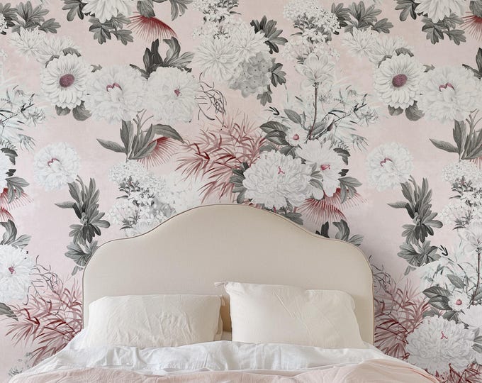 Romantic Blush Floral Wallpaper | Vintage Botanical Design with Large Peonies & Chrysanthemums for Soft Interiors
