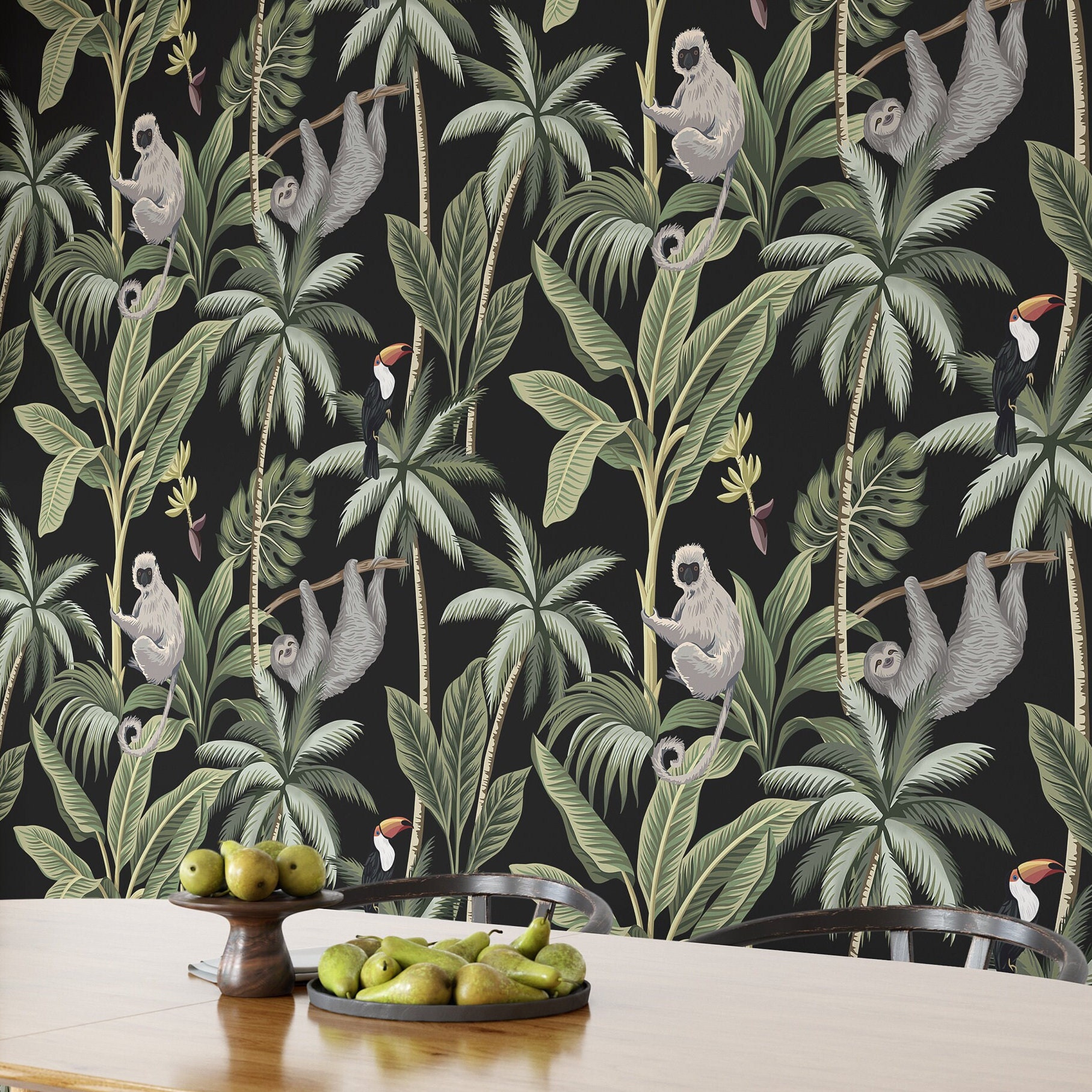 Tropical Jungle black wallpaper with Monkeys and Parrots, Rainforest