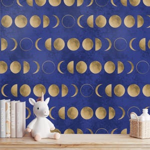 Carta da parati fasi lunari, Oro e blu navy, Decorazione mistica boho, Ecologica e removibile