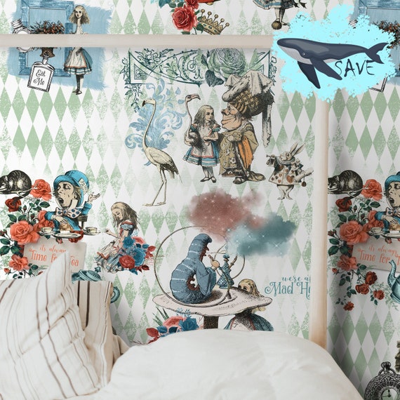 Alice in Wonderland Wallpaper, Alice Wall Mural, Whimsical Art Alice Wall Decor, Cheshire cat Wall Art