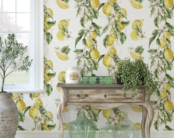 Amalfi Coast Lemon Tree Watercolor Wallpaper, Vintage Floral Wall Mural, Italian Kitchen Citrus Home Decor