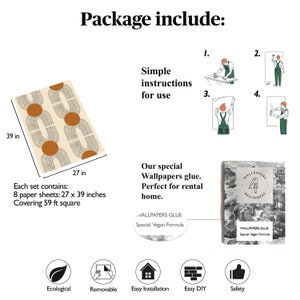 May include: A set of peel and stick wallpaper featuring a geometric pattern with brown and white lines and orange circles. The wallpaper is 27 inches wide and 39 inches tall. The package includes 8 sheets of wallpaper, covering 59 square feet. The package also includes instructions for use, wallpaper glue, and a guide for beginners. The wallpaper is ecological, removable, easy to install, easy to DIY, and safe.