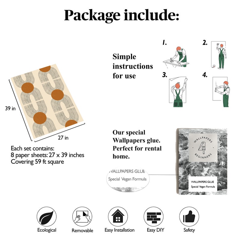 May include: A set of peel and stick wallpaper featuring a geometric pattern with brown and white lines and orange circles. The wallpaper is 27 inches wide and 39 inches tall. The package includes 8 sheets of wallpaper, covering 59 square feet. The package also includes instructions for use, wallpaper glue, and a guide for beginners. The wallpaper is ecological, removable, easy to install, easy to DIY, and safe.