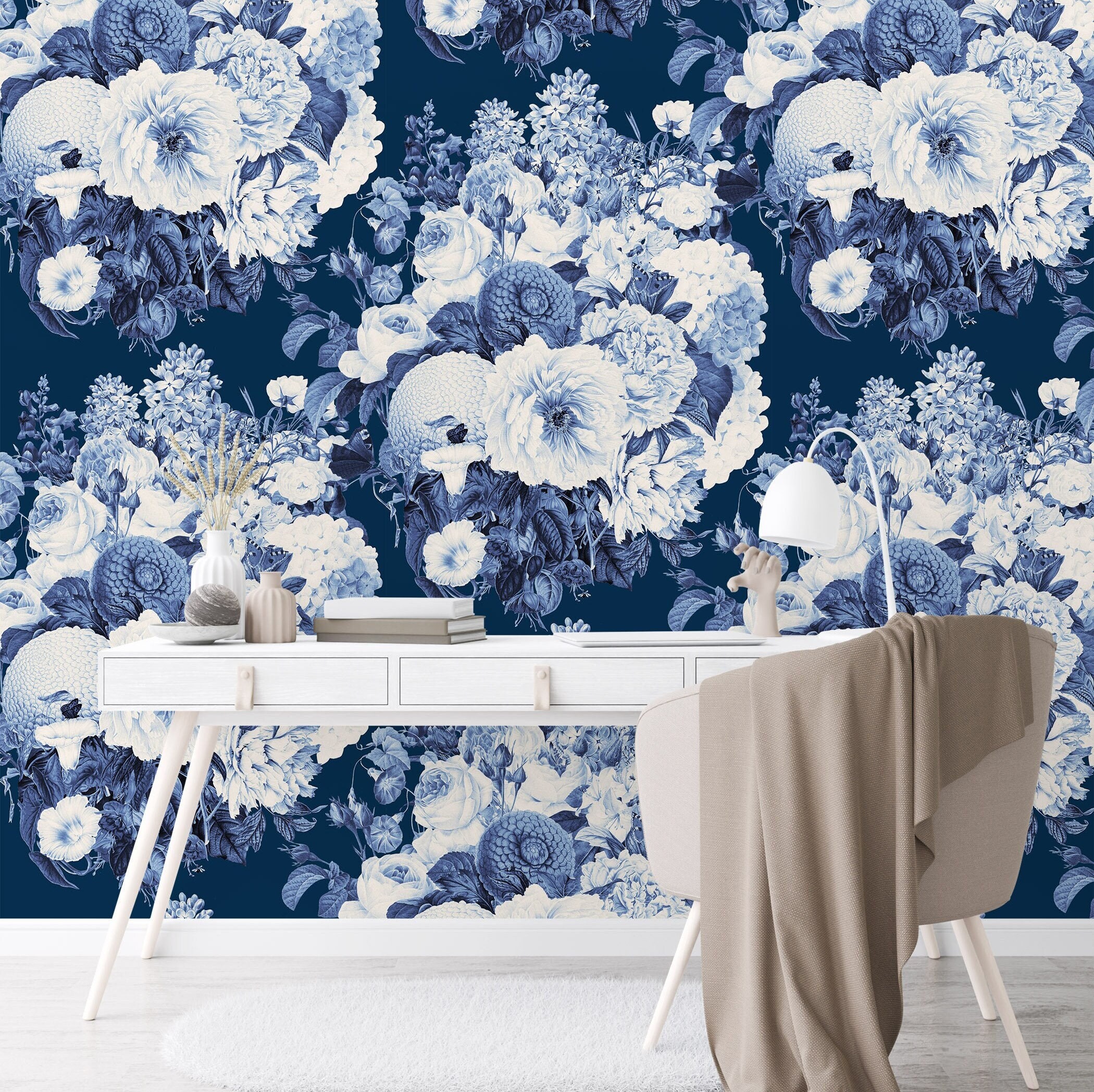 White and Navy Blue Floral Wallpaper - Etsy