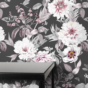 Carta da Parati Floreale Shabby Chic Romantica Peonie su sfondo Nero