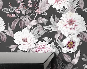 Black Romantic Peonies Wallpaper, Dark floral shabby chic peony wall decor