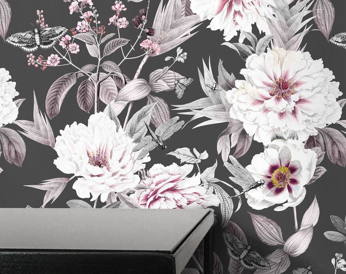 Black Romantic Peonies Wallpaper, Dark floral shabby chic peony wall decor