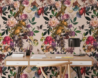 Delicate Floral and Snake Wallpaper - Soft Pink Background - Unique and Elegant Design - WALLPAPERS4BEGINNERS