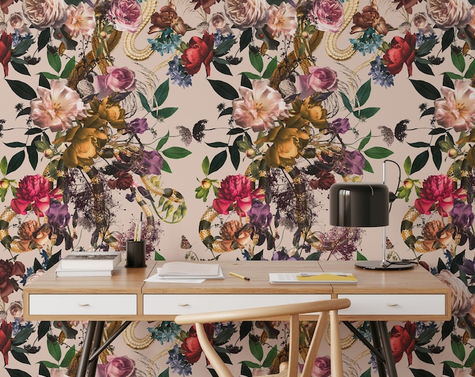 Delicate Floral and Snake Wallpaper - Soft Pink Background - Unique and Elegant Design - WALLPAPERS4BEGINNERS