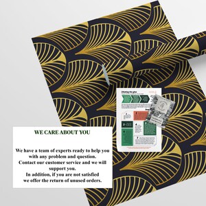 May include: A black and gold patterned wrapping paper with a gold leaf design. The paper is rolled up and there is a small card with instructions on how to dilute glue. The card has the text "Diluting the glue" and "Steps".
