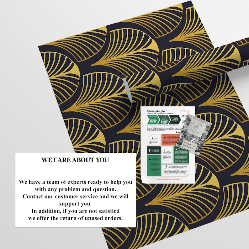 May include: A black and gold patterned wrapping paper with a gold leaf design. The paper is rolled up and there is a small card with instructions on how to dilute glue. The card has the text "Diluting the glue" and "Steps".