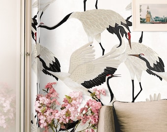 White Heron Print Wallpaper, Asian Birds Wall art, Vintage Crane Removable Chinoiserie Wallpapering