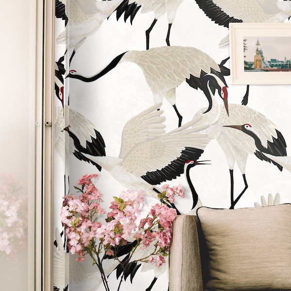 Crane Wallpaper with White Herons, Chinoiserie Bird Wallpaper for Living Room, Vintage Japanese Wall Decor