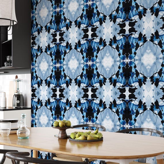 Blue Ink Abstract Wallpaper | RORSCHACH SYMMETRY | Modern Art Design | Eco-Friendly & Removable