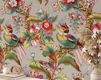 Chinoiserie Art Asian Wallpaper, Vintage Floral Print  Wall Art for Living Room Decor