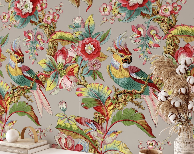 Chinoiserie Art Asian Wallpaper, Vintage Floral Print  Wall Art for Living Room Decor