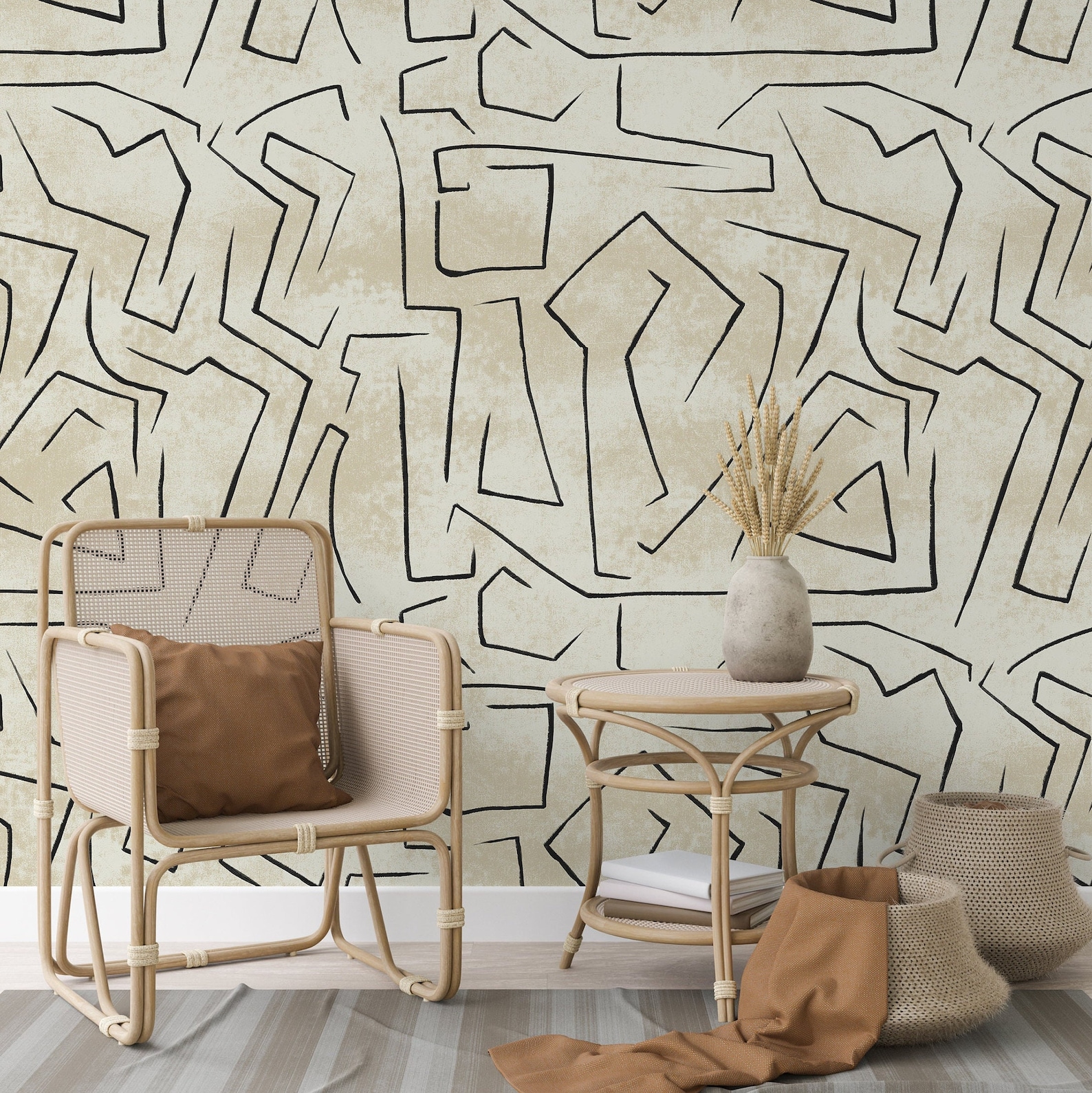 Image of Carta da Parati Beige Graffiti con Strisce Nere Astratta Carta Vegana 250x200cm 5,5mq